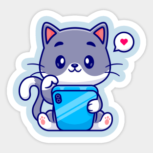 Cute Cat Playing Handphone Cartoon Sticker